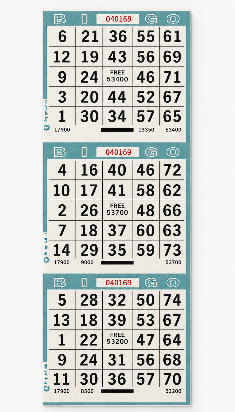 3 Face Vertical Bingo Paper- Aqua