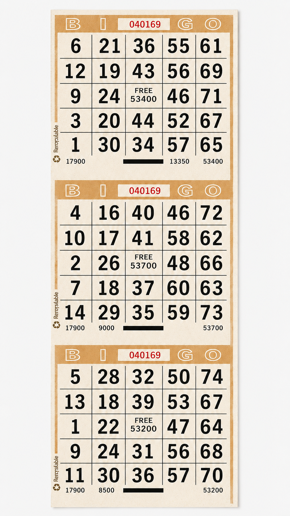 3 On Vertical Bingo Paper Tan