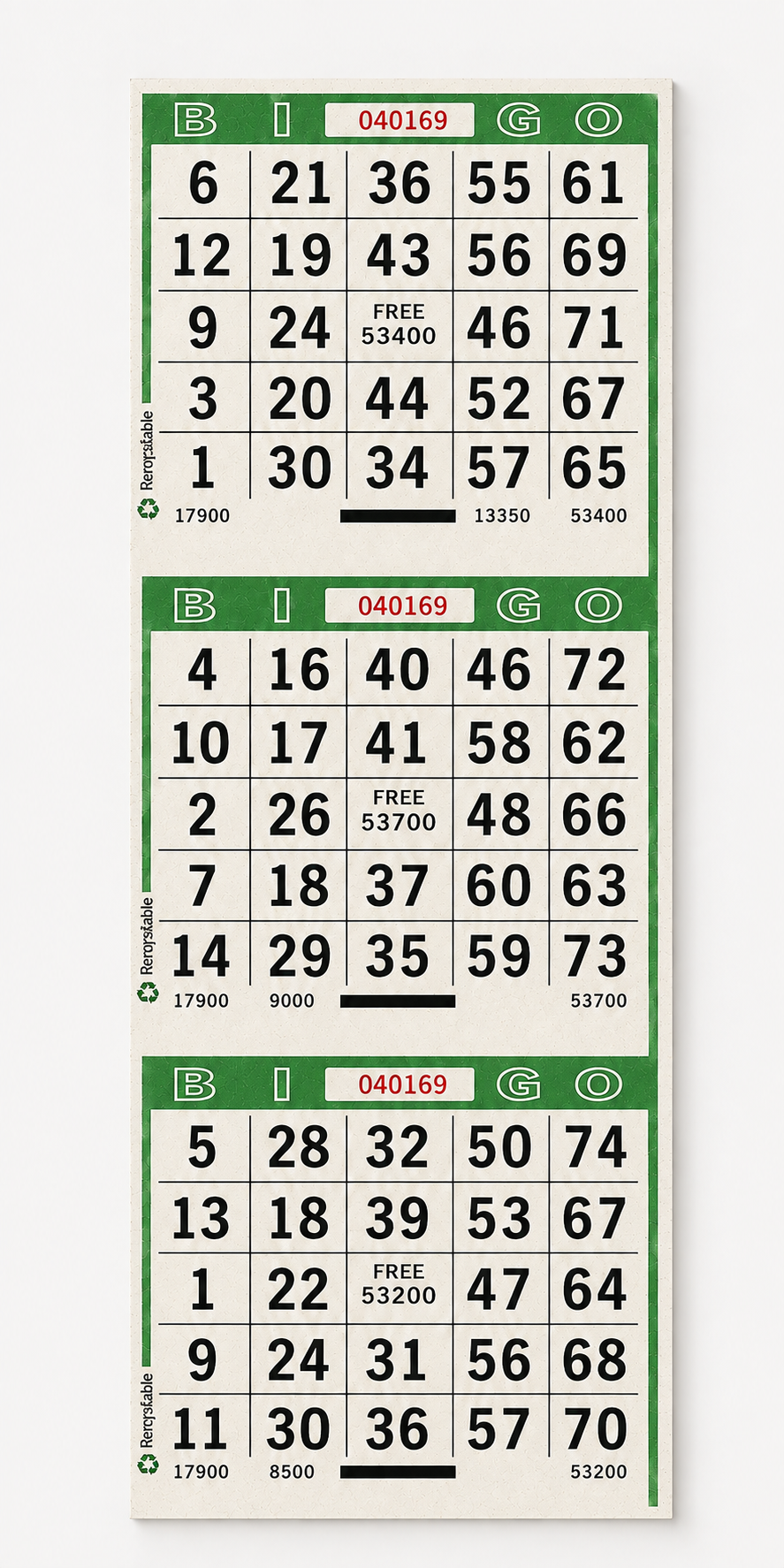 3 On Vertical Green Bingo Paper