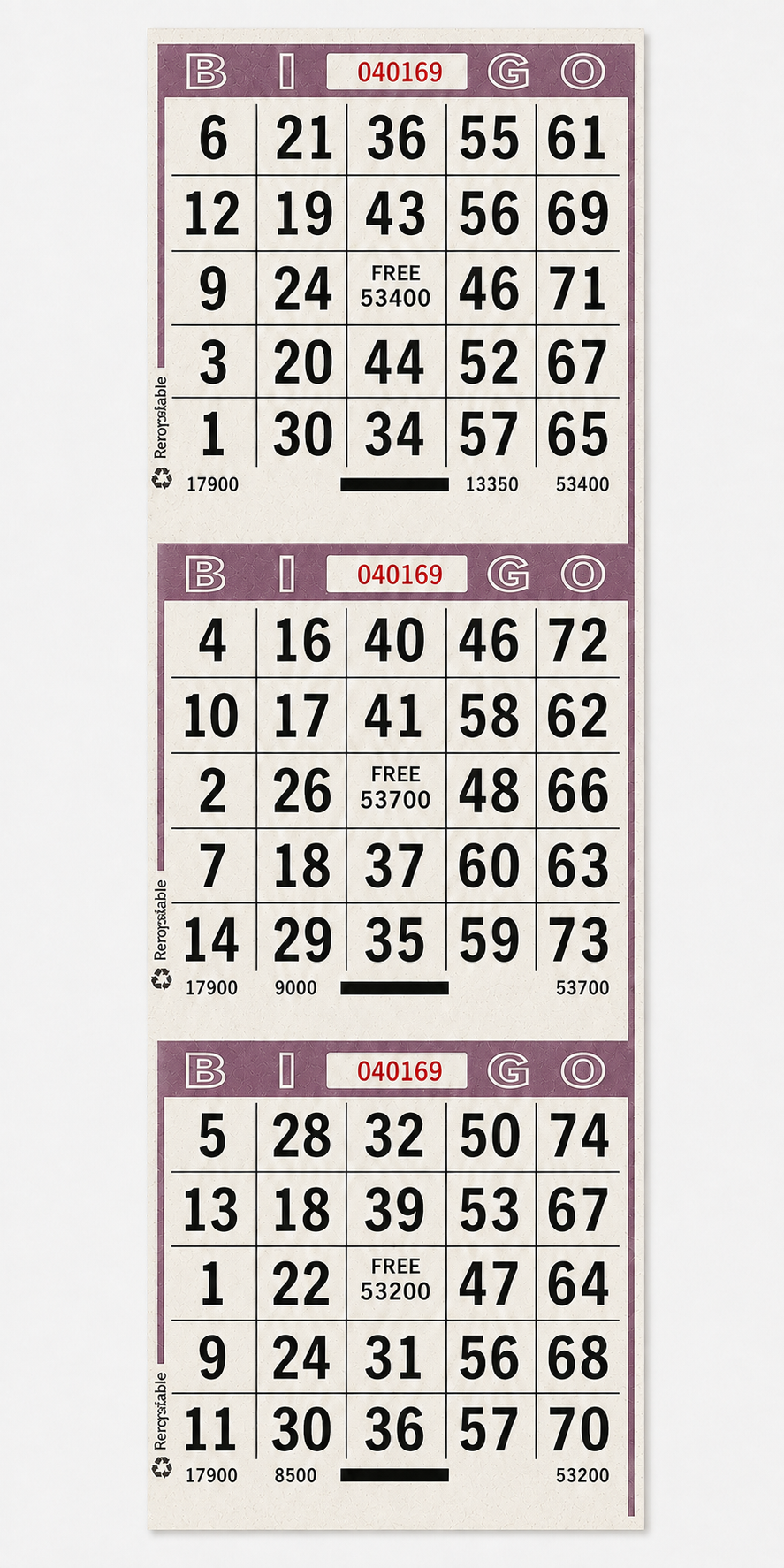 3 On Vertical Purple Bingo Paper