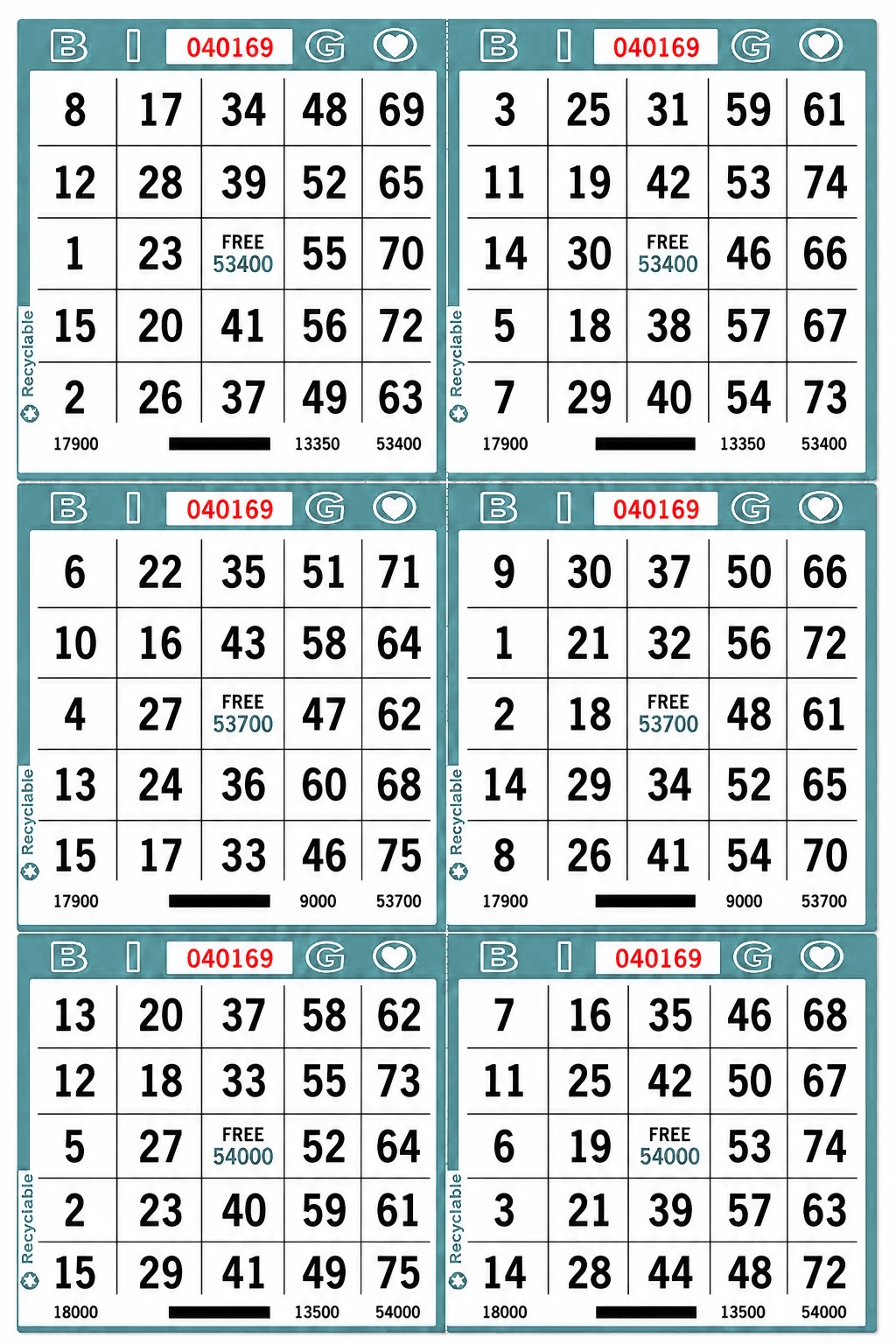 6-Face Vertical Bingo Paper - aqua