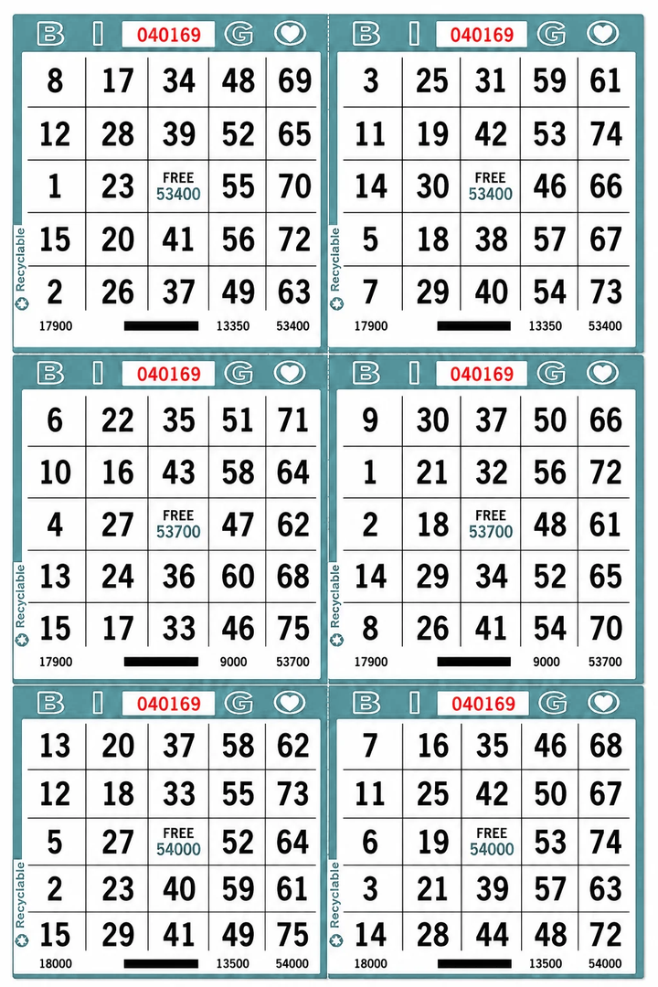 6-Face Vertical Bingo Paper - aqua