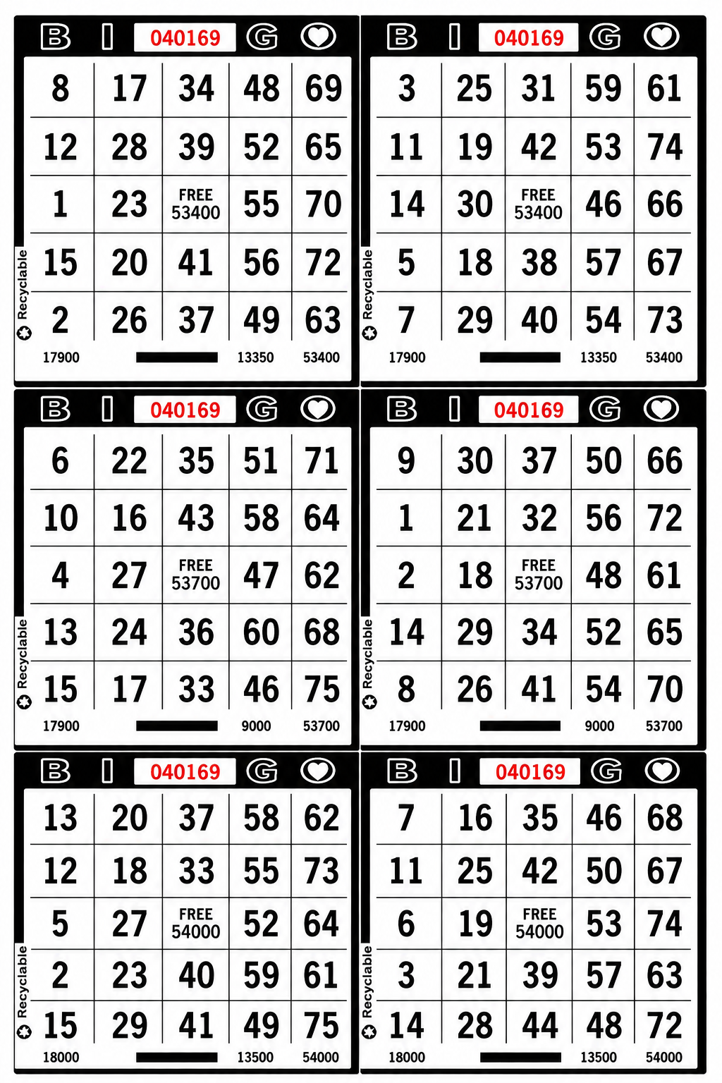 6-Face Vertical Bingo Paper - black