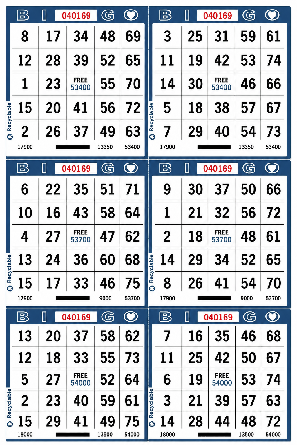 6-Face Vertical Bingo Paper - blue