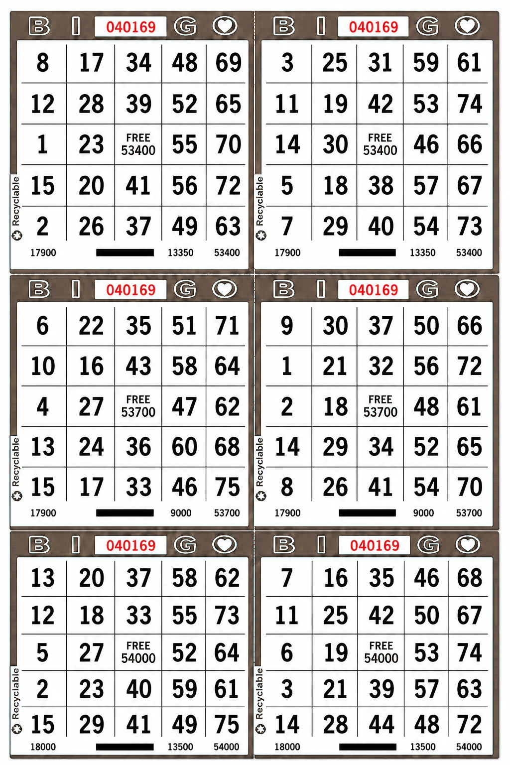 6-Face Vertical Bingo Paper - brown