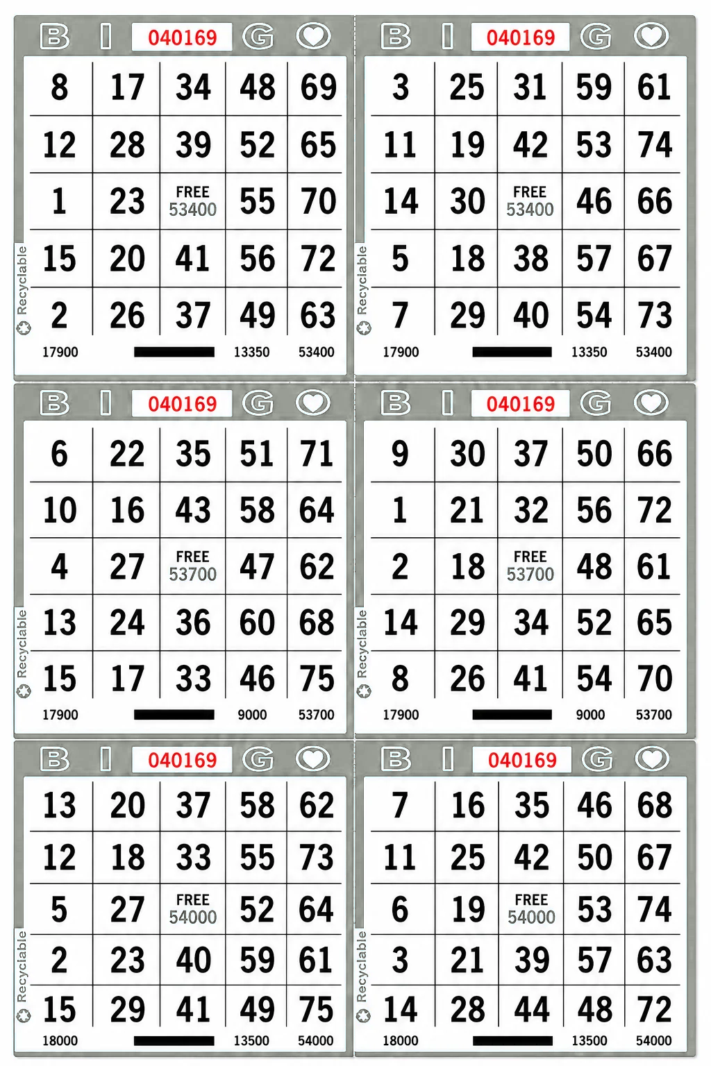 6-Face Vertical Bingo Paper - grey