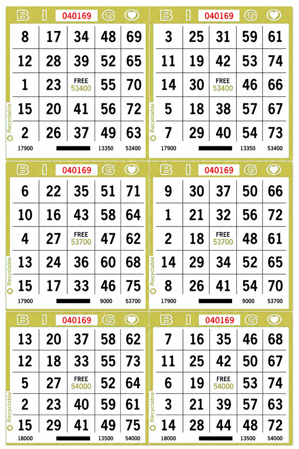 6-Face Vertical Bingo Paper - lime