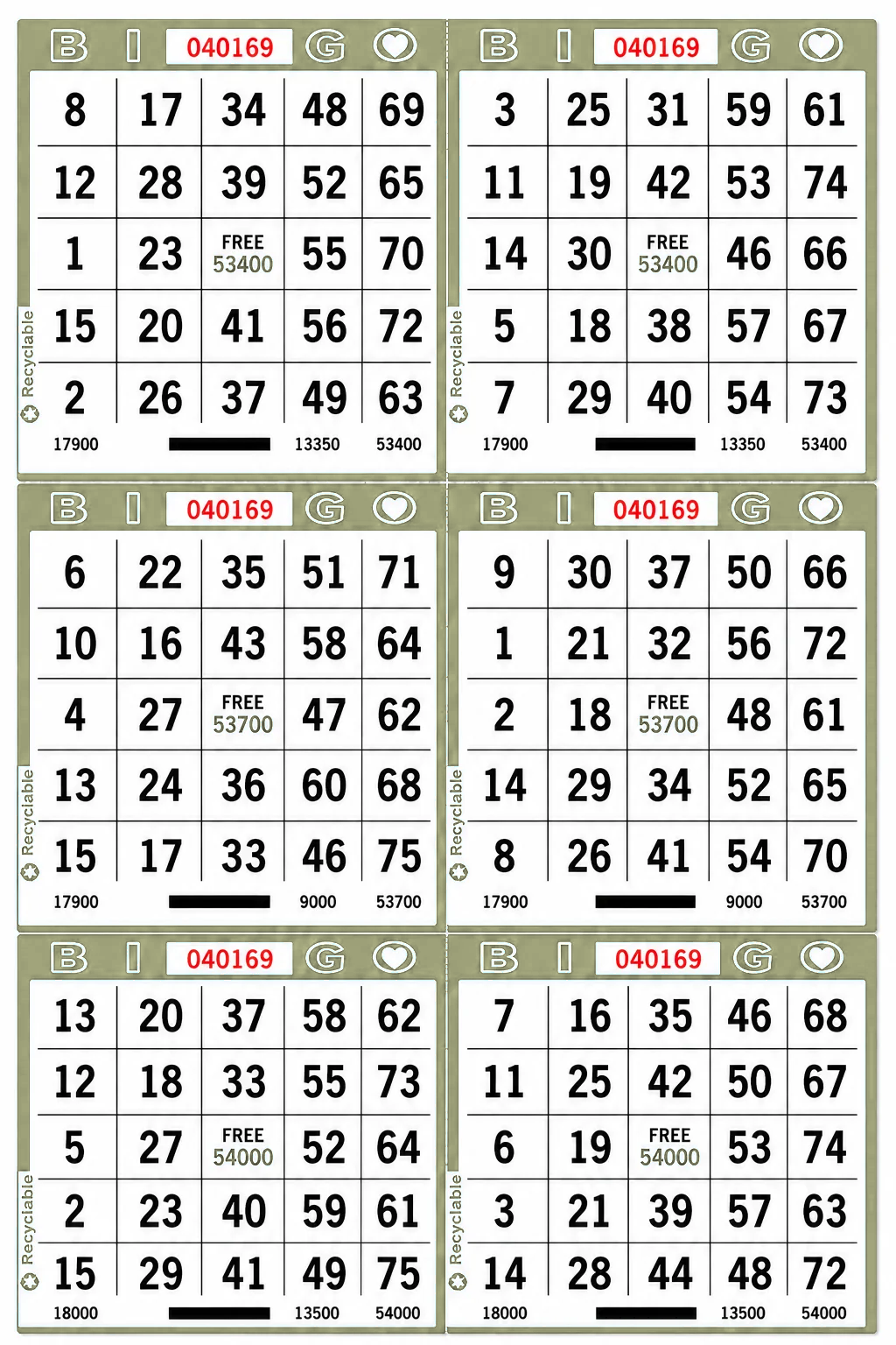 6-Face Vertical Bingo Paper - olive