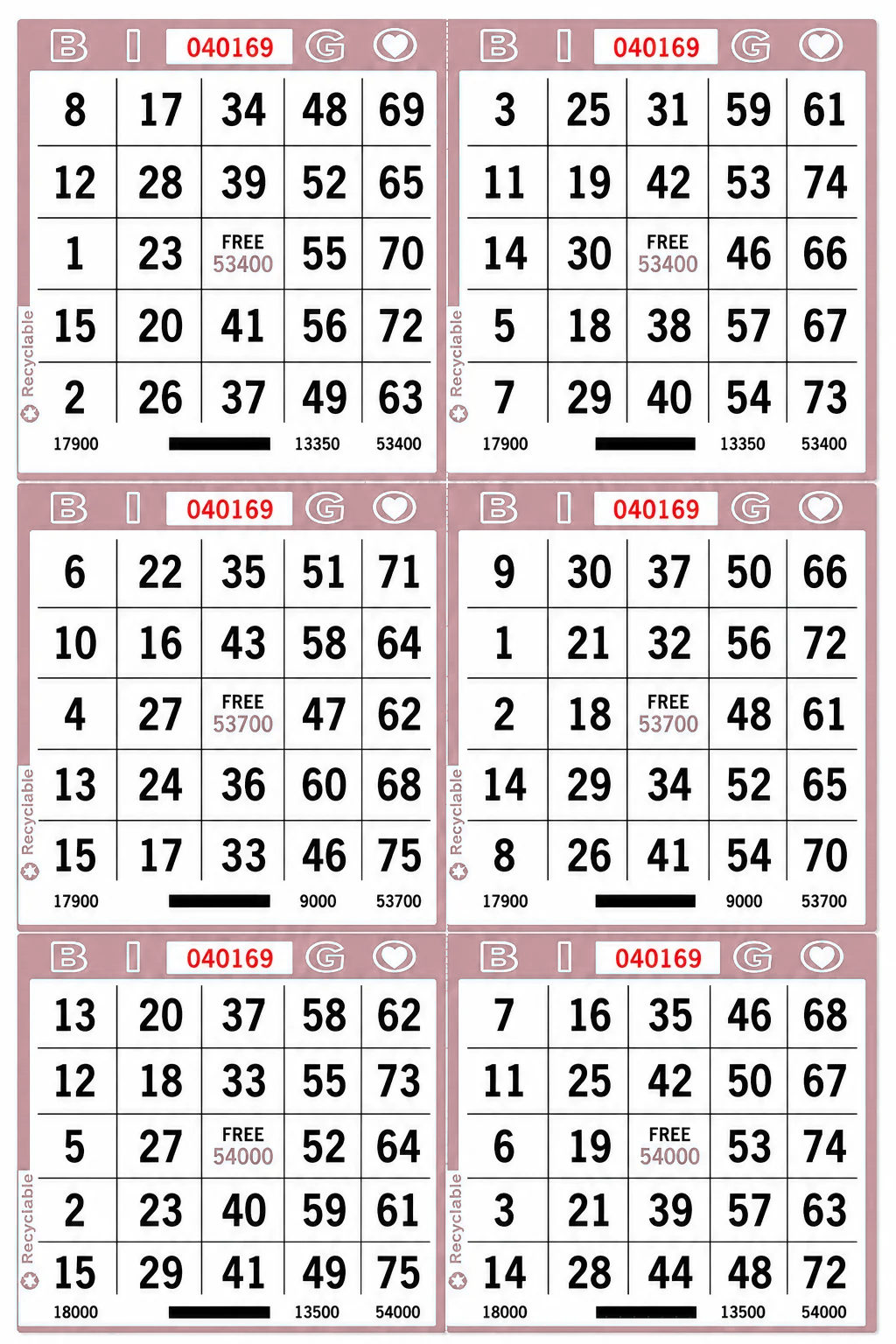 6-Face Vertical Bingo Paper - pink