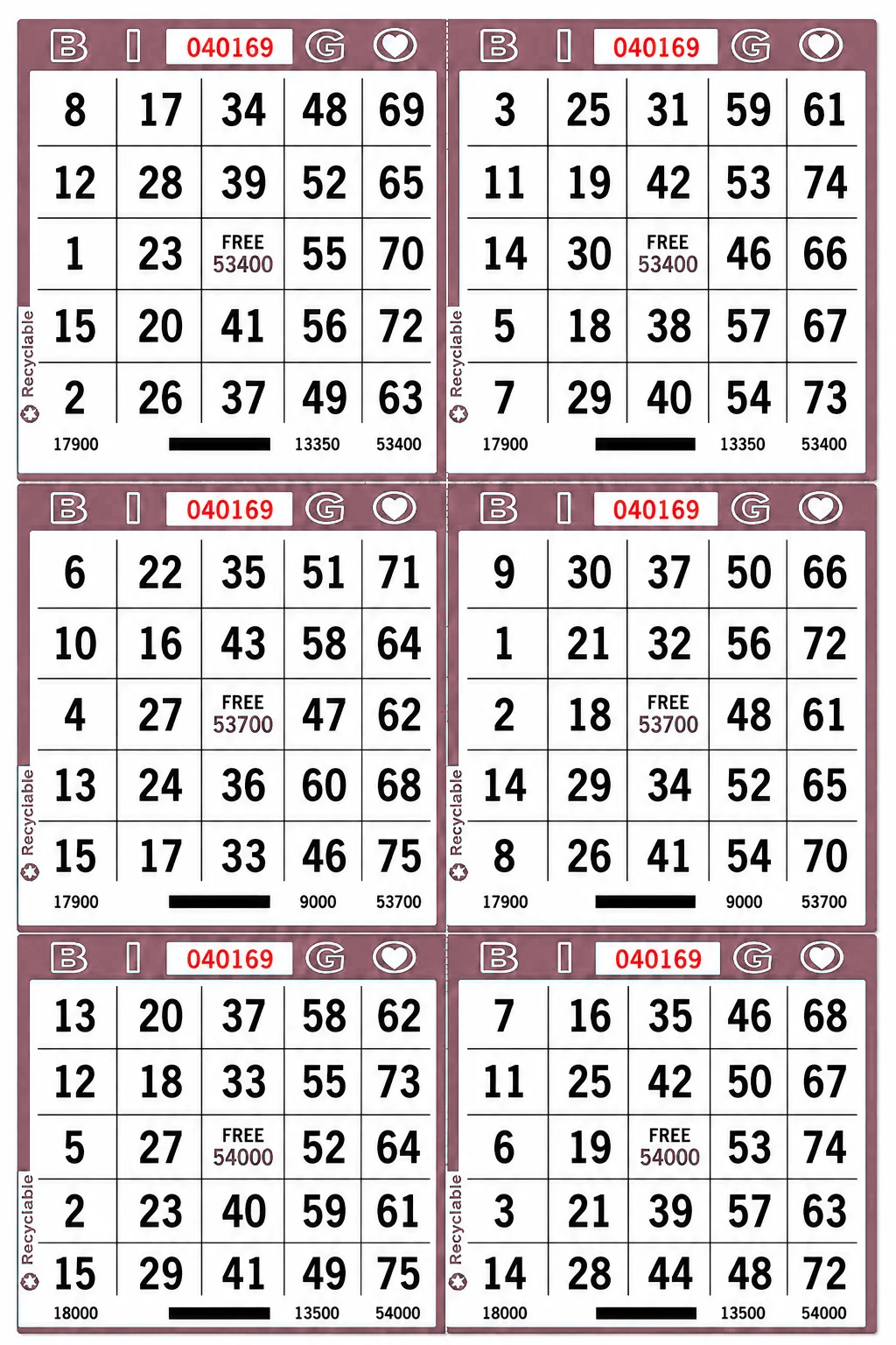 6-Face Vertical Bingo Paper - purple