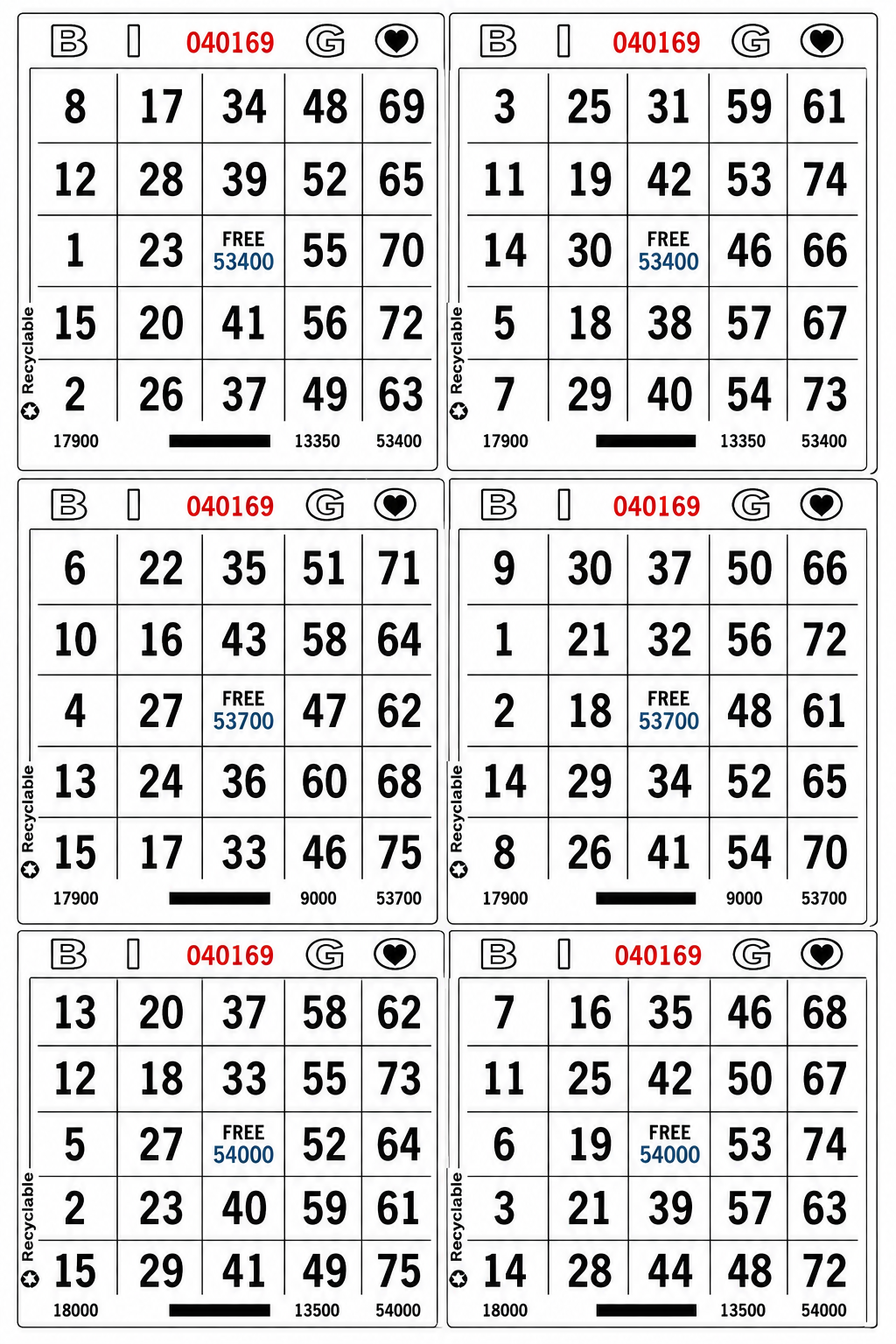 6-Face Vertical Bingo Paper - white