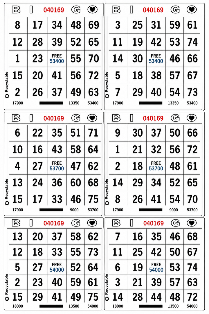 6-Face Vertical Bingo Paper - white
