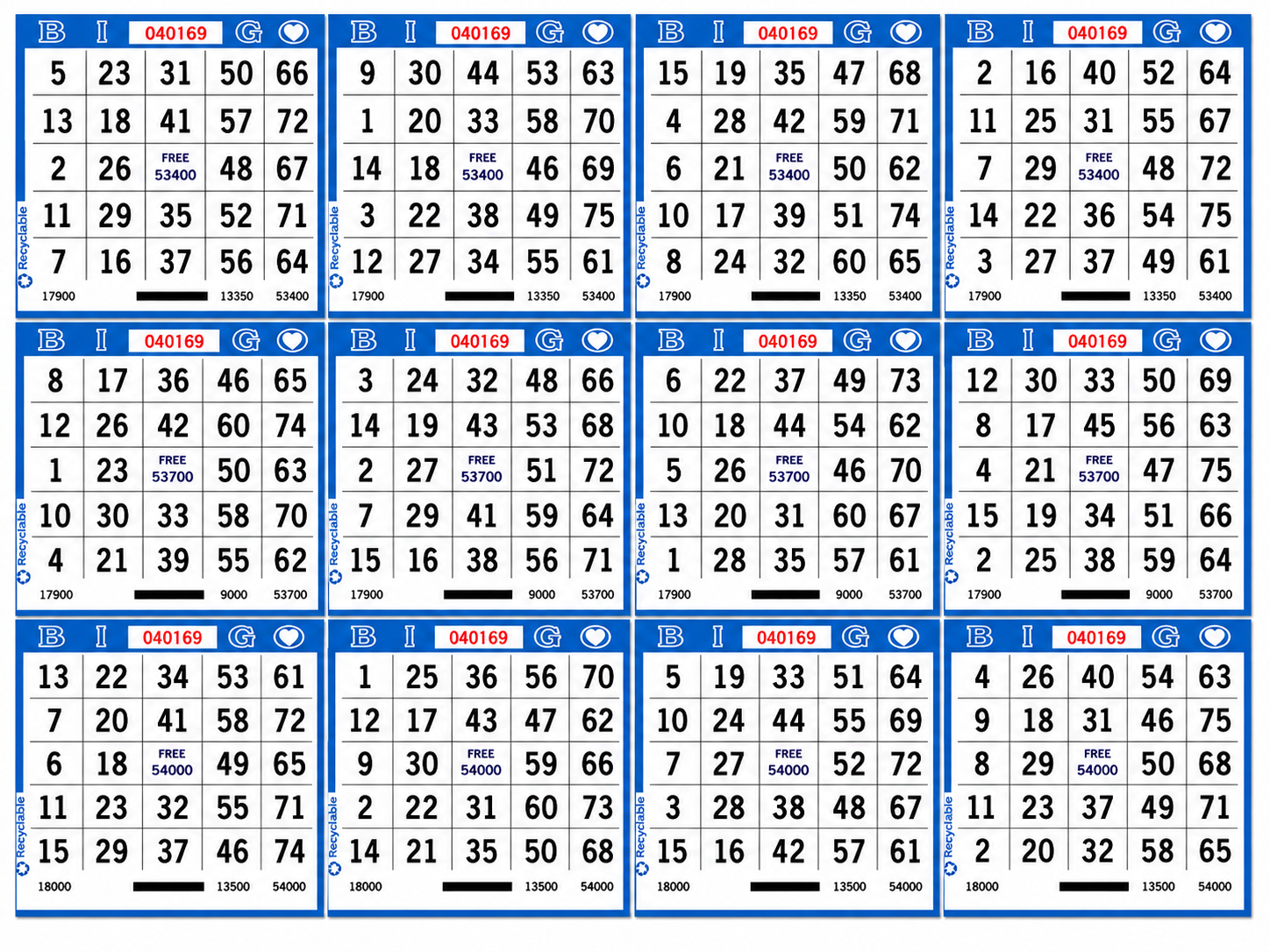 12-Face Horizontal Bingo Paper