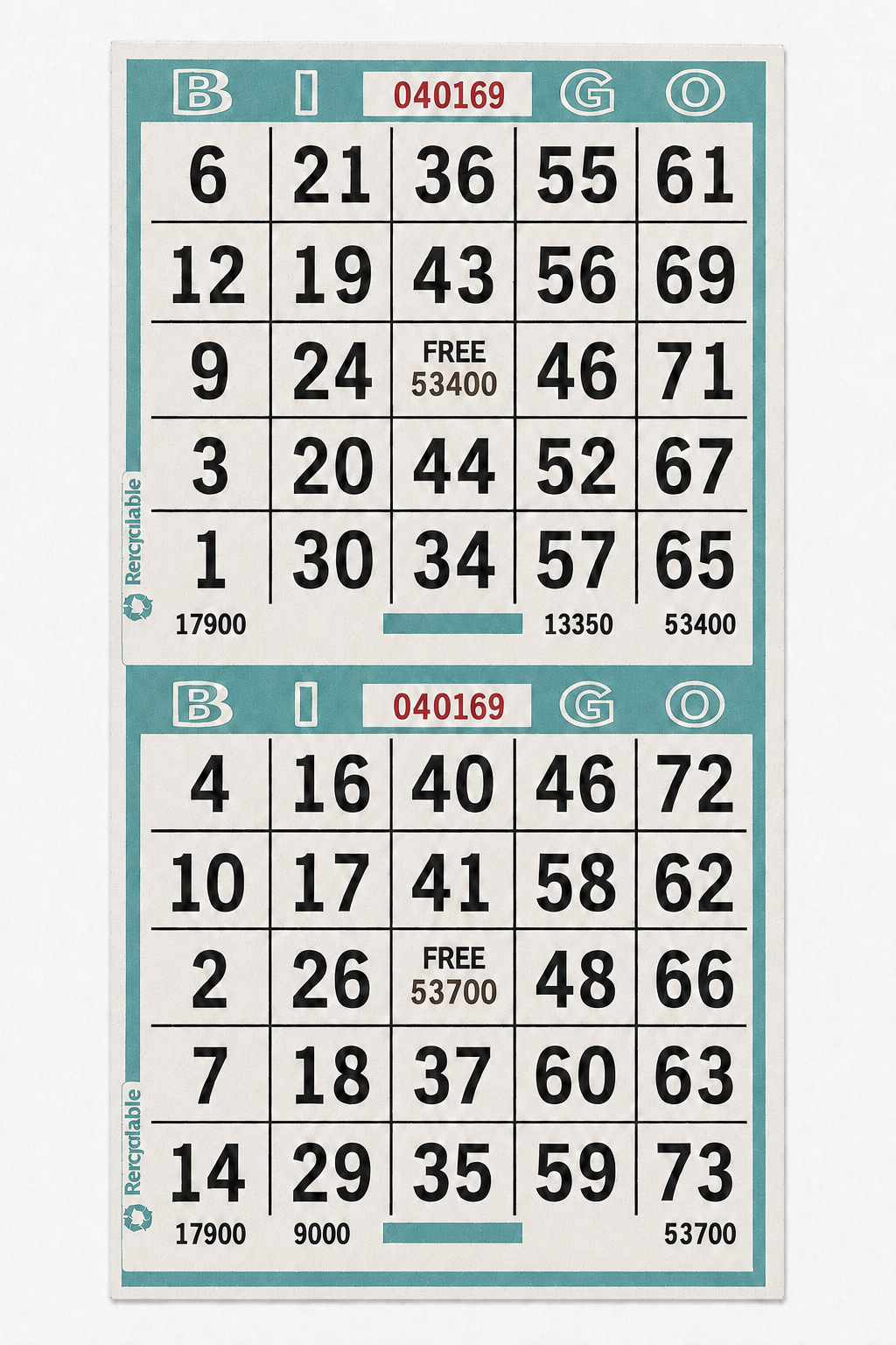 2-Face Vertical Bingo Paper - aqua