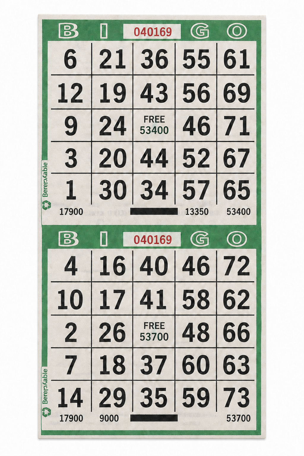 2-Face Vertical Bingo Paper - green