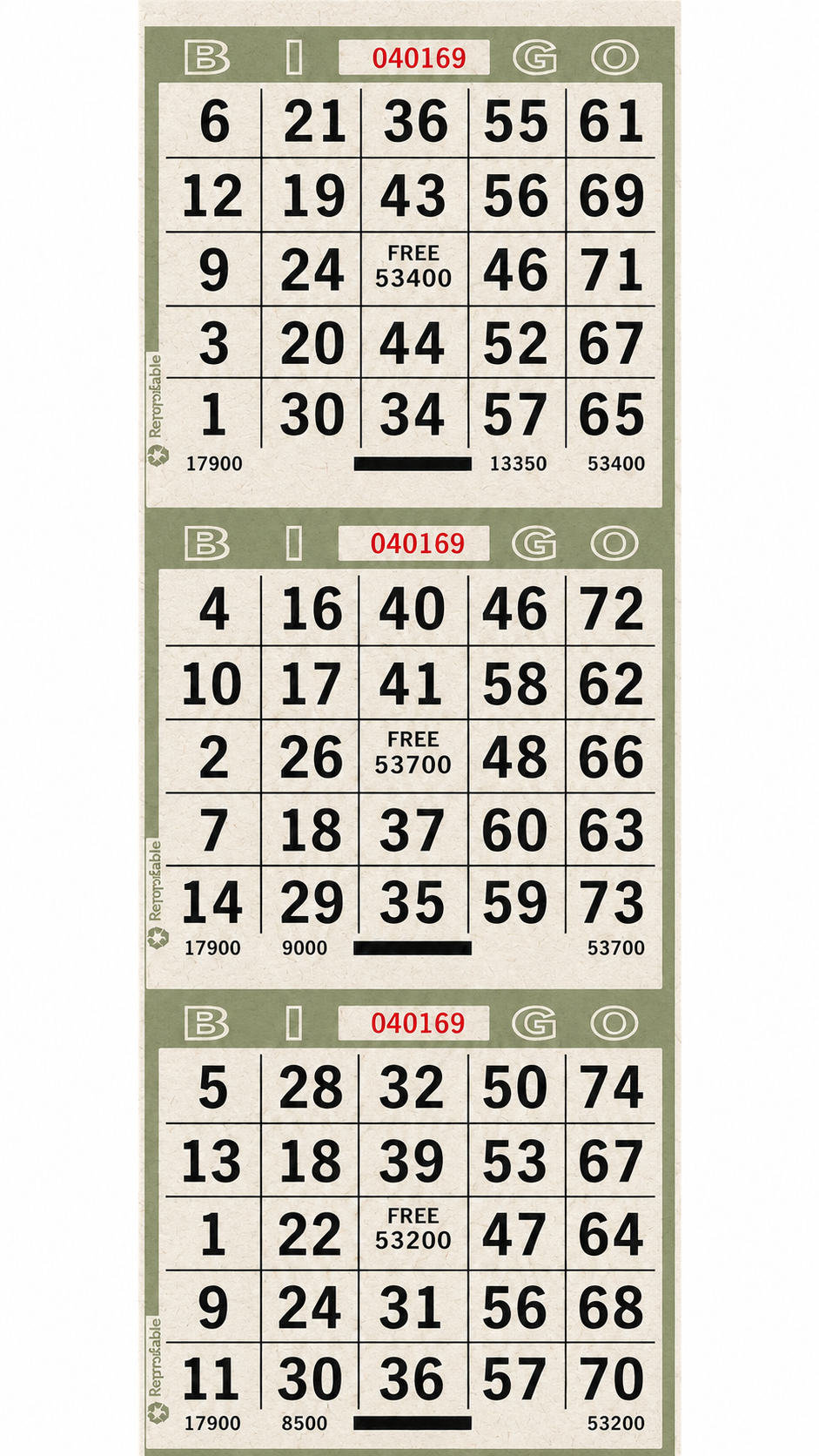 3-Face Vertical Bingo Paper - olive